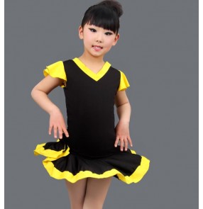 Yellow red fuchsia hot pink black patchwork v neck spandex short sleeves girls kids children baby practice gymnastics competition latin salsa cha cha rumba samba dance dresses